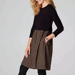 J. Jill Black Tan Gingham Check Contrast Mixed Media Long Sleeve Dress Size S